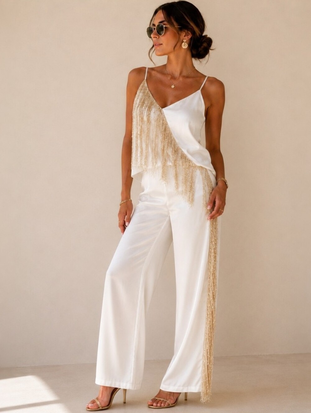 Set 2 Pieces - Ulu Ivory Satin Wide-Leg Jumpsuit with Gold Fringe
